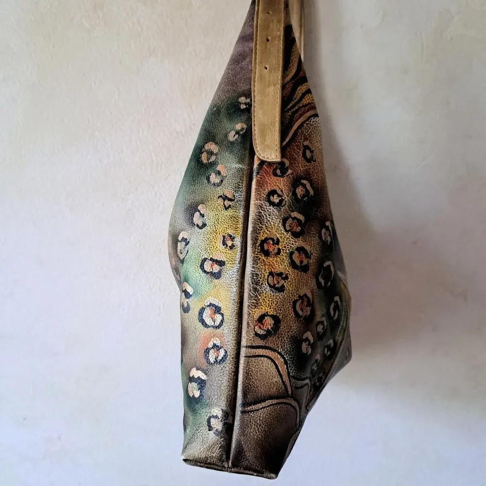 ANUSCHKA Hand Painted Leather Hobo Bag Safari Animal Print Shoulder Artisan
